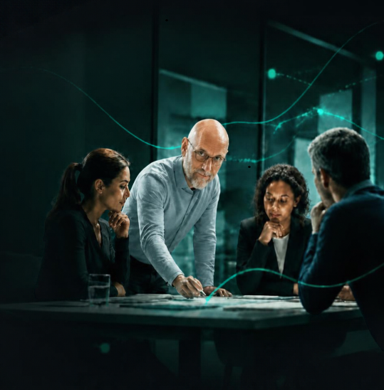 An executive leading a working session with a small leadership team around a table